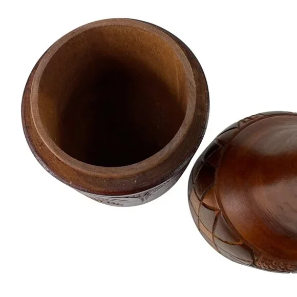 Handcrafted Carved Wooden 3 Piece Bottle Holder Lid Cup - Picture 15 of 16